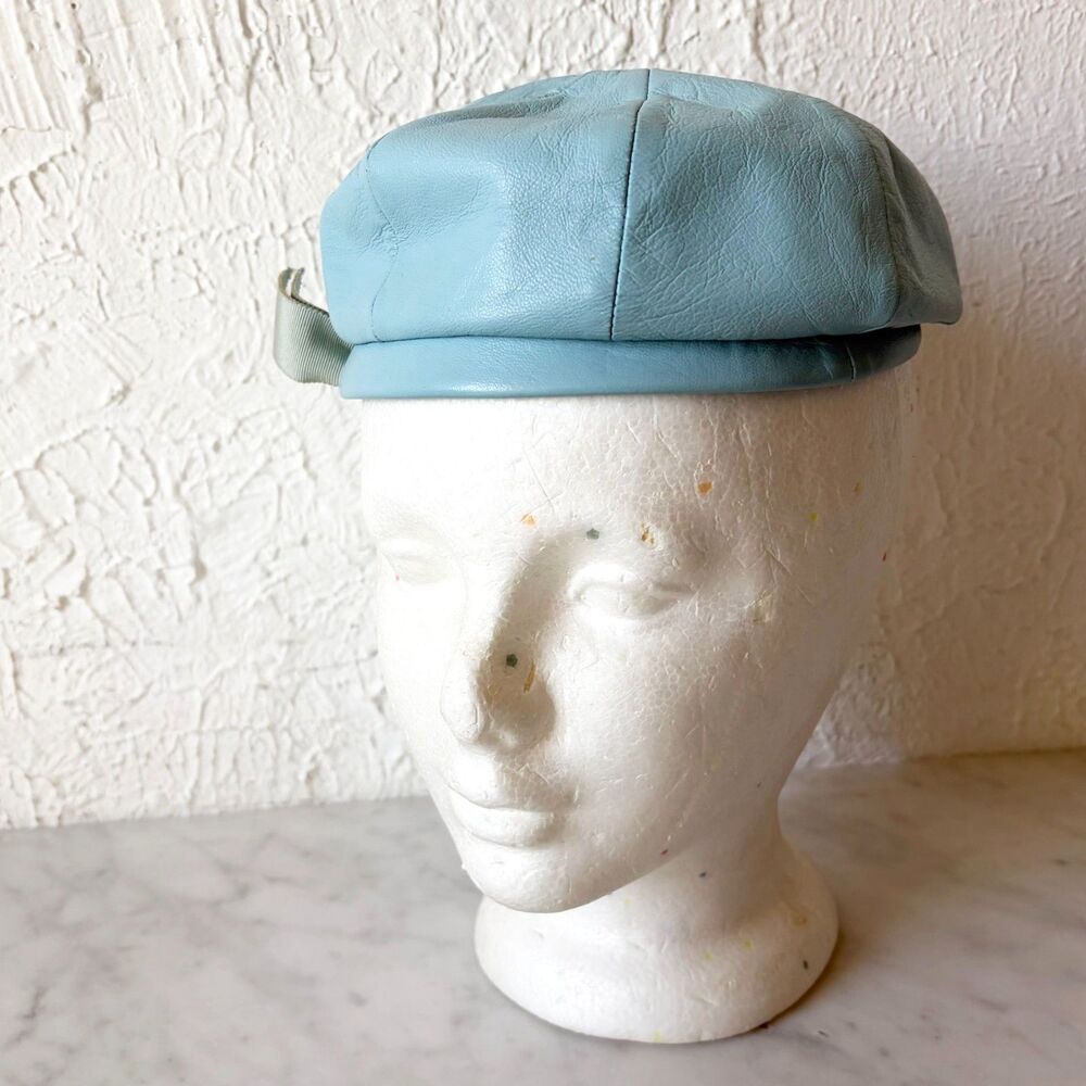 Vintage Blue Leather Newsboy Cap Beret Mod Hat Sanlea Hats New York
